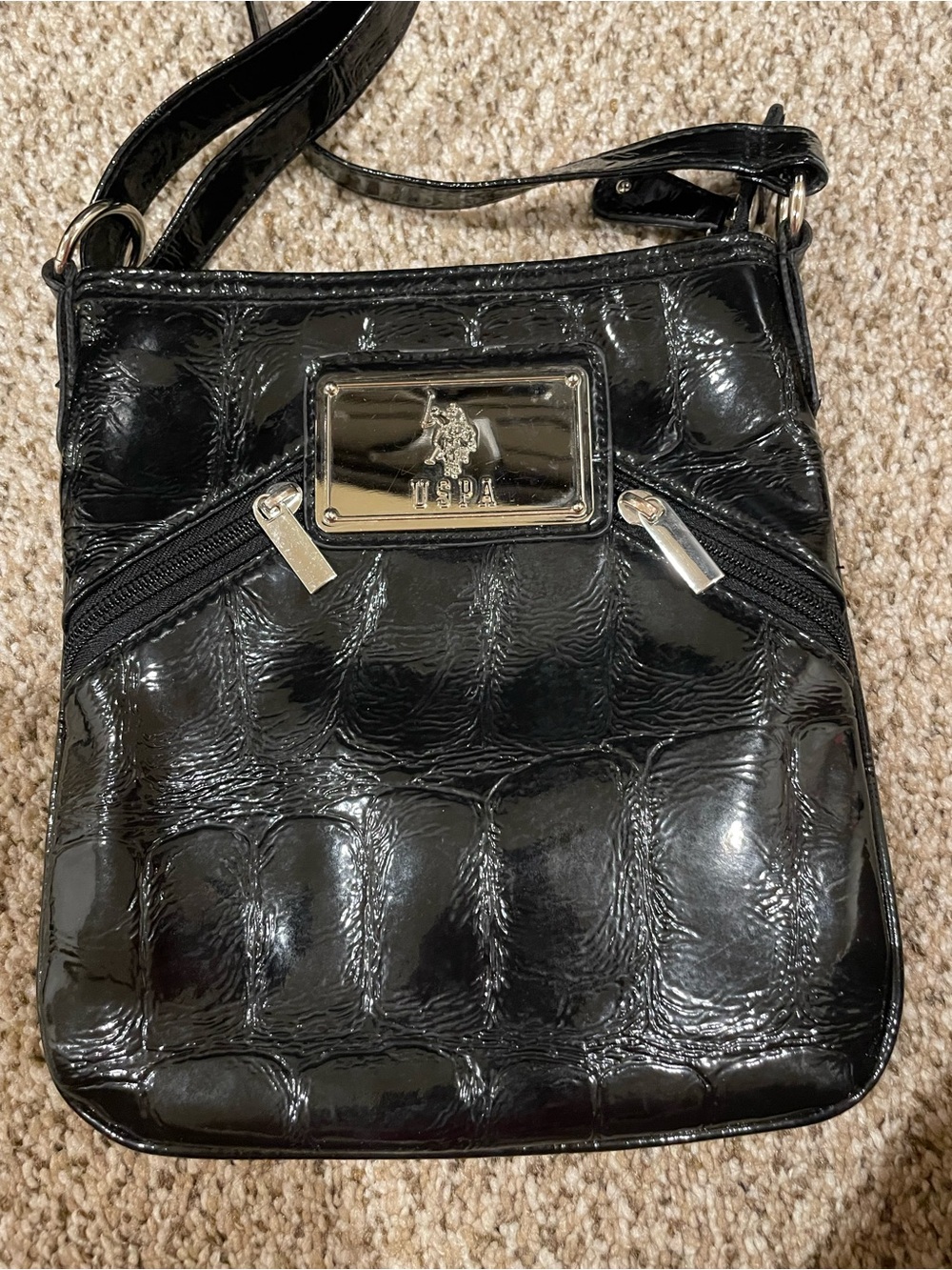 U.S. Polo Assn. Black Croc-Embossed Patent Crossbody Bag